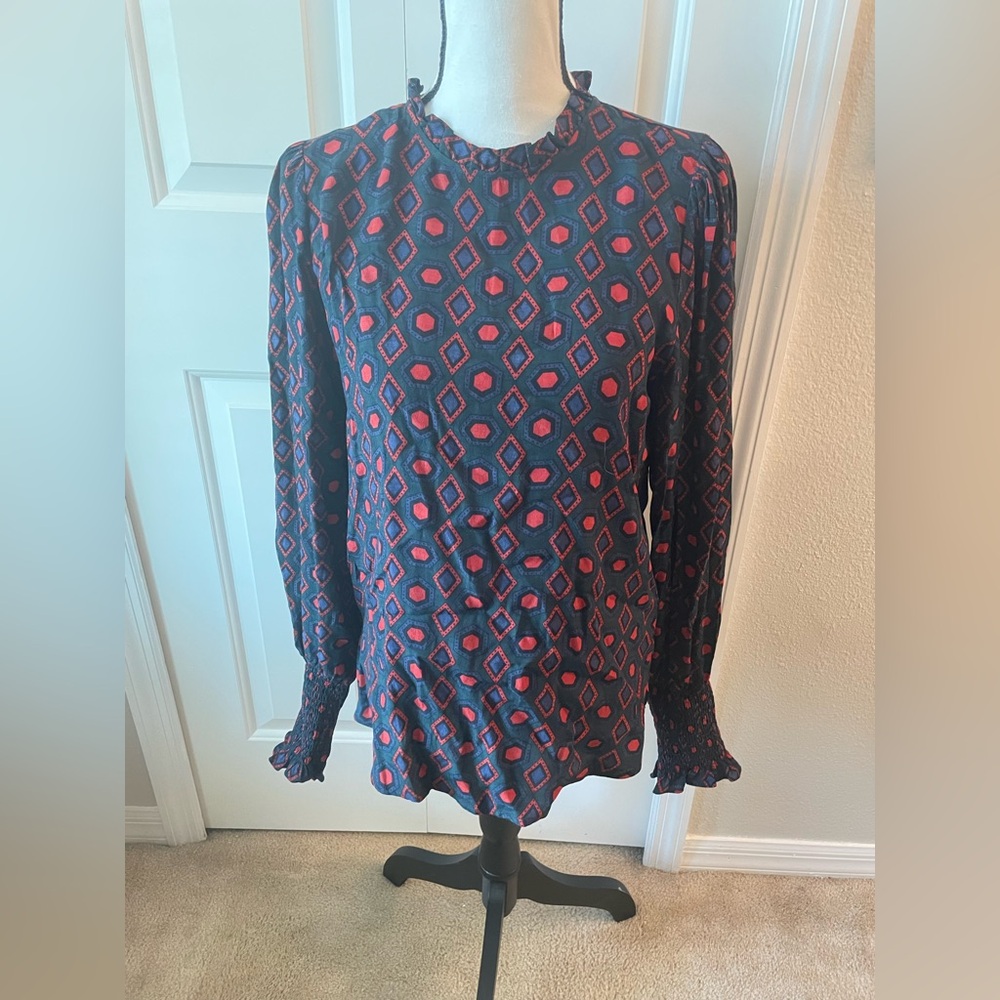 Rachel Zoe Navy Blue Geometric Print Long Sleeve Blouse